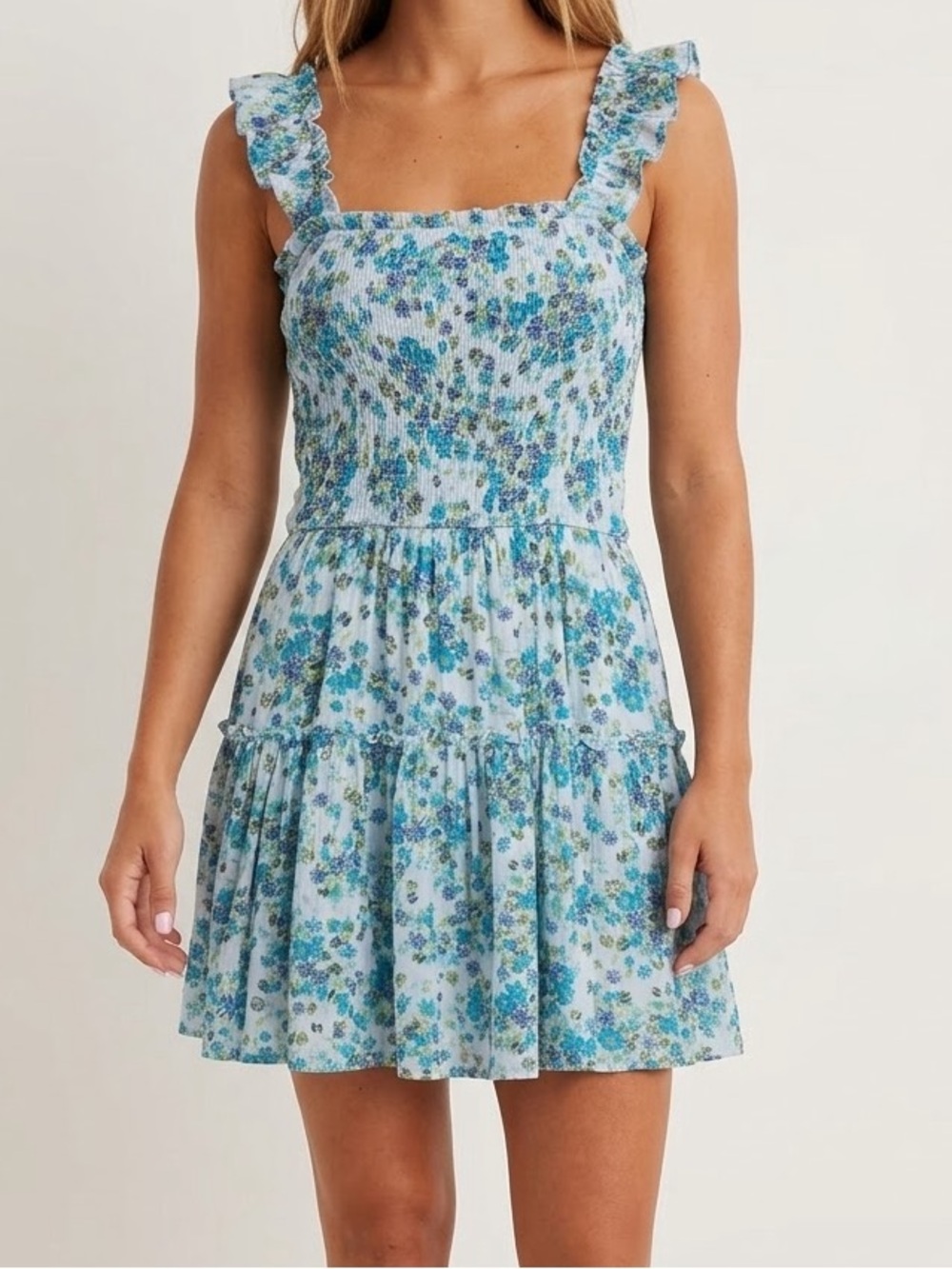 Aerie Blue Floral Smocked Mini Dress Ruffle Strap S